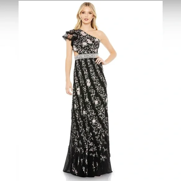 NWT Mac Duggal 70160 Embroidered Ruffle One shoulder Lace Up Gown - Picture 2 of 5